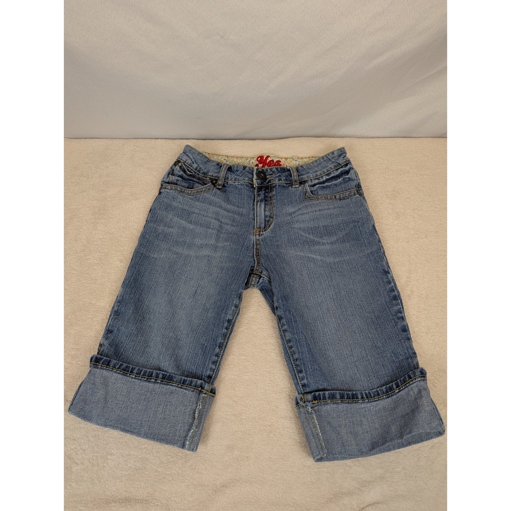 Yes Denim Bermuda Shorts Girls Size 16 Blue Wash Cuffed Floral Trim Y2K Aestheti